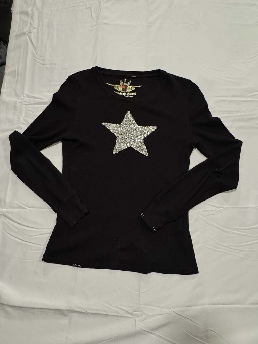 Twisted Heart Black Long Sleeve Waffle Knit Thermal Top with Silver Sequins Star